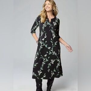 NWT J Jill Black Floral Print Henley Long Sleeve Midi Dress Lightweight Size Med
